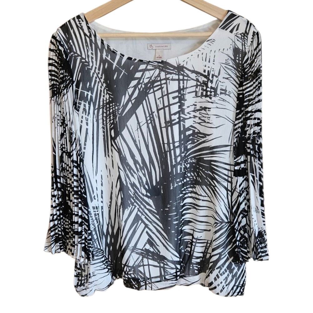 Christopher Banks Top Womens Large Black White Palm Print Sheer 3/4 Sleeve